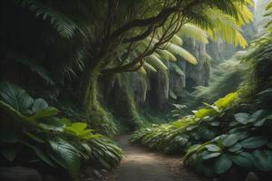 Beautiful tropical rainforest landscape with green trees, plants and path. generative ai photo