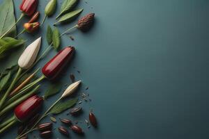 Beautiful tulip flowers and seeds on color background, top view. photo