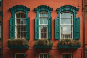 hermosa ventanas en un rojo pared en el antiguo ciudad. generativo ai foto