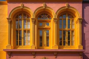 Beautiful yellow windows on the facade of a building. generative ai photo