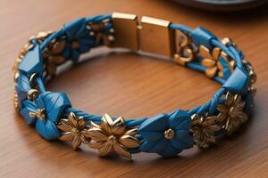 Blue Bracelet on a wooden background, close-up. generative ai photo