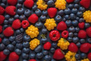 Blueberry, raspberry, blackberry, yellow and red berries background. photo