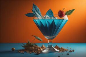 Blue cocktail with ice and fruits on a blue background. photo