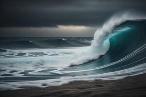 Blue ocean wave in stormy weather. photo