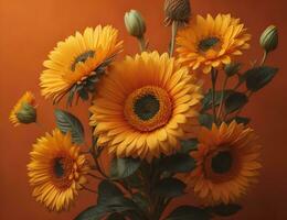 Bouquet of orange gerbera flowers on a orange background. generative ai photo