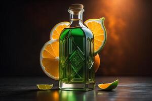 Bottle of tequila with lime and orange slices on dark background. photo