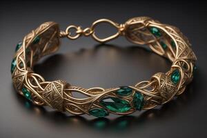 Bracelet with emeralds on a black background close-up. photo