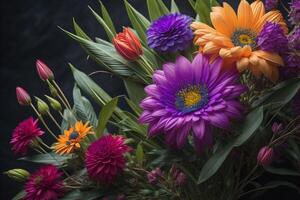 Bouquet of colorful flowers on dark background, close up. photo