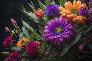 Bouquet of colorful flowers on dark background, close up. generative ai photo