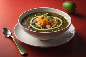Bowl of chicken soup with noodles and vegetables on a red background. photo