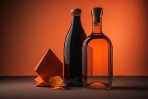 Bottles of wine on orange background. photo