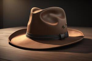 Brown cowboy hat on a wooden table. generative ai photo