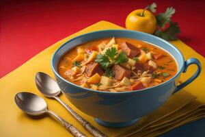 Cabbage soup with meat and vegetables in blue bowl on red background. photo