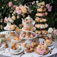 Catering wedding buffet with different kinds of sweets and cookies. generative ai photo