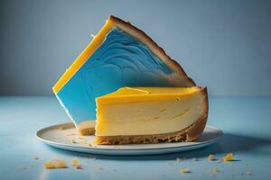 tarta de queso con amarillo y azul queso en un azul antecedentes. generativo ai foto