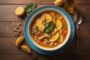 pollo sopa con vegetales y limón en de madera antecedentes. parte superior vista. generativo ai foto
