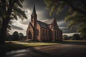 Church in the park at sunset time. photo