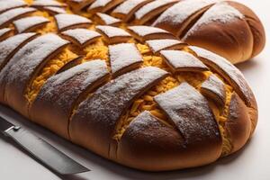 Close up of a freshly baked easter cake with a knife on a white background. generative ai photo