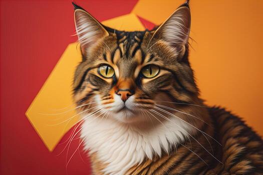 Close-up portrait of Maine Coon cat on orange background. photo