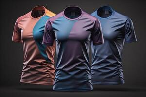Colored sportswear t-shirt mockup on black background. photo