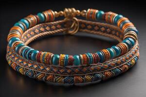 Colorful bracelets on a black background close-up. Boho style. photo