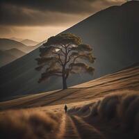 Conceptual image of a lonely man walking on a path in the hills. photo