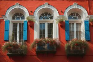Colorful windows on a red wall in the city. generative ai photo