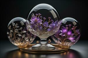 Crystal ball with purple flowers on a black background. generative ai photo