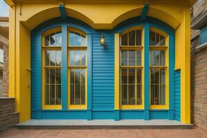 Colorful wooden house with yellow and blue windows and shutters. generative ai photo