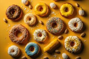 Delicious donuts with sprinkles on yellow background, top view. generative ai photo