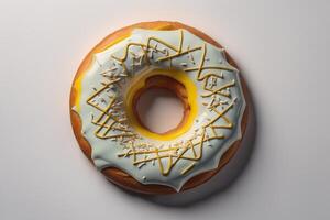 Donut with icing and sprinkles on white background, top view. photo