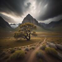 Dramatic landscape with a lonely tree and mountains in the background. photo