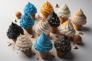 Delicious ice cream cones with cupcakes on white background, closeup. photo