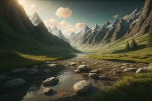 Fantasy landscape with river and mountains. generative ai photo