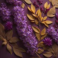 Flowers composition. Frame made of beautiful flowers on purple background. Flat lay, top view, copy space. photo