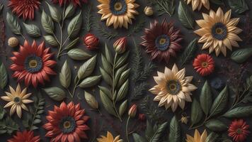 Flowers composition. Floral pattern made of different flowers on grey background. Flat lay, top view, copy space. photo