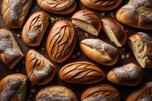 Freshly baked buns with sesame seeds on a brown background. generative ai photo