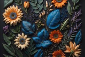 Flowers composition. Colorful flowers on black background. Flat lay, top view, copy space. photo