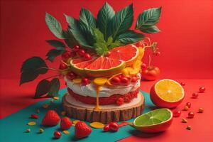 Fruit cake decorated with berries, orange, grapefruit, lemon and mint on a red background. photo