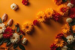 Flowers composition. Colorful flowers on orange background. Flat lay, top view, copy space. generative ai photo