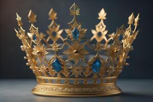 Gold crown with blue gems on a dark background. generative ai photo