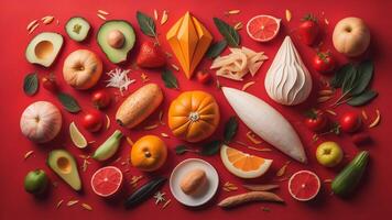 Fruits and vegetables on red background. Top view, flat lay. photo