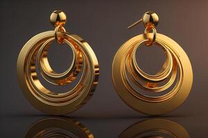Golden earrings on a dark background. photo