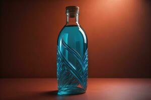 Glass bottle with blue liquid on a brown background. generative ai photo