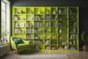 Green bookshelves with books and a green armchair. generative ai photo