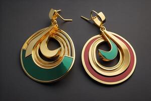 Golden earrings with turquoise and gold on a black background. generative ai photo