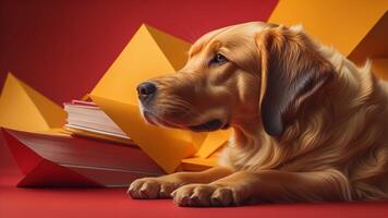Golden Retriever dog with books on a red background. Studio shot. photo