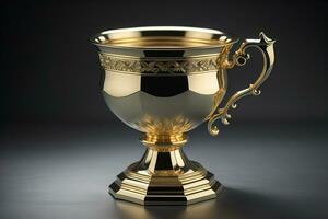 dorado trofeo taza en negro antecedentes. generativo ai foto