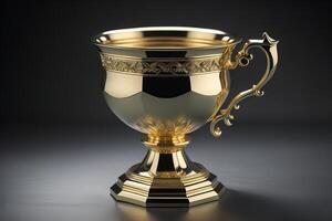 Golden trophy cup on black background. photo