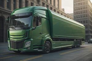 Green commercial delivery truck on the street. photo
